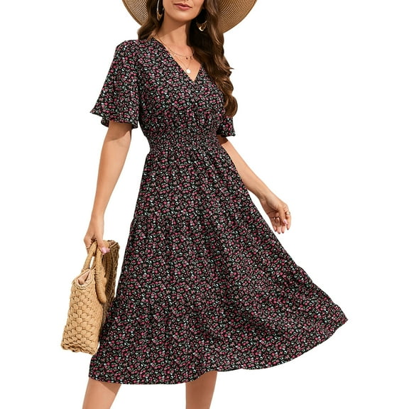 Women's Wrap V Neck Midi Dress Long Sleeve Smocked Waist Tiered A Line Pleated Flowy Long Dress