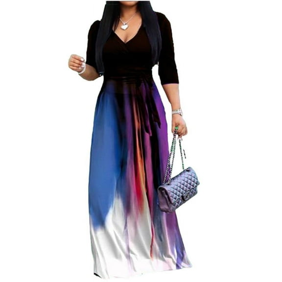Women's Maxi Dress Casual 2024 3/4 Sleeve Crewneck Wrap Floor Length Sundress Plus Size Maxi Dresses with Belt Chic Curvy Elegant Outwear Vestidos