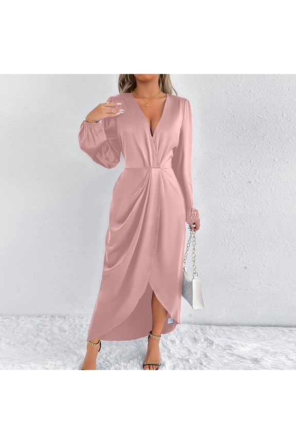 Women's Wrap V Neck Satin Dress Oversized Split Hem Ruched Pleated Evening Party Dresses Womens Casual Solid Elegant Long Sleeve Elastic Waist Dress Formal Wedding Cocktail Party Maxi Dresses