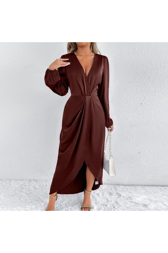 Women's Wrap V Neck Satin Dress Oversized Split Hem Ruched Pleated Evening Party Dresses Womens Casual Solid Elegant Long Sleeve Elastic Waist Dress Formal Wedding Cocktail Party Maxi Dresses