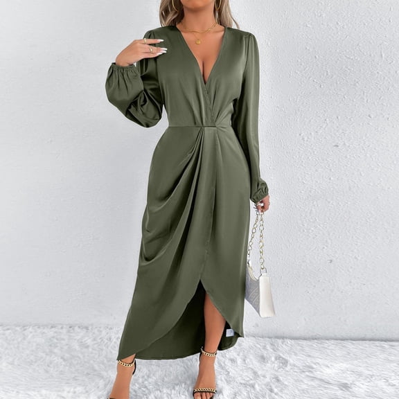 Women's Wrap V Neck Satin Dress Oversized Split Hem Ruched Pleated Evening Party Dresses Womens Casual Solid Elegant Long Sleeve Elastic Waist Dress Formal Wedding Cocktail Party Maxi Dresses