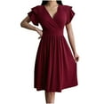 thumbnail image 1 of ZQUUVOU Women's Wrap V Neck Short Flared Sleeve Wedding Guest Dress Smocked Elastic Waist Tiered Belted Ruffle Hem Mini Dress Burgundy, 1 of 6