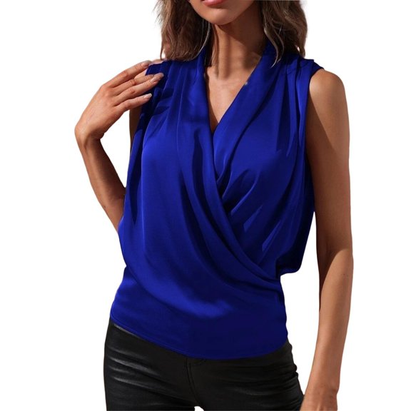 Women's Wrap V Neck Sleeveless Blouse Elegant Overlap Collar Draped Tops Casual Soft Shirts