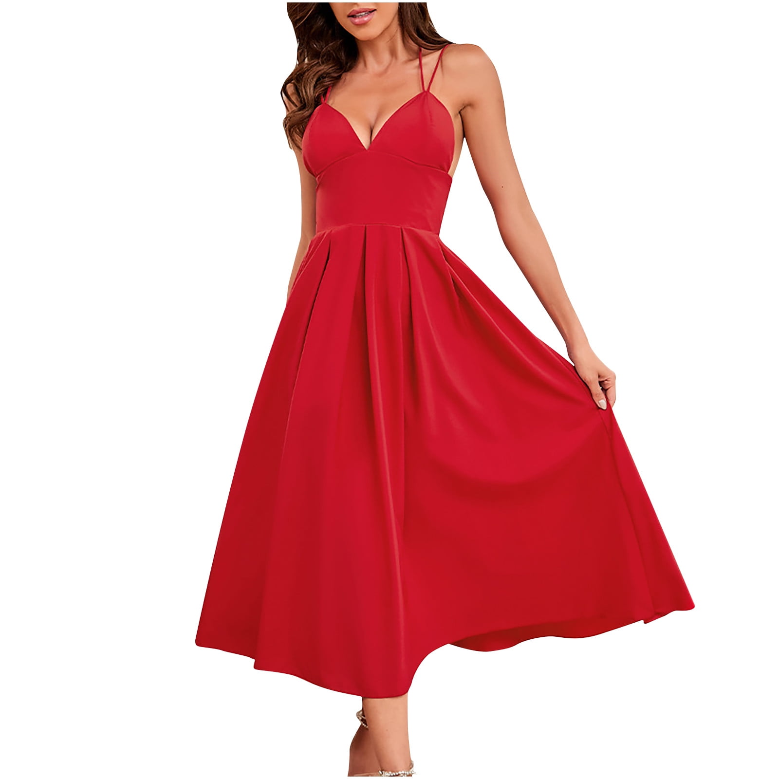 Red Jersey Spaghetti Straps Plunging Slit Simple Bridesmaid Prom Dress
