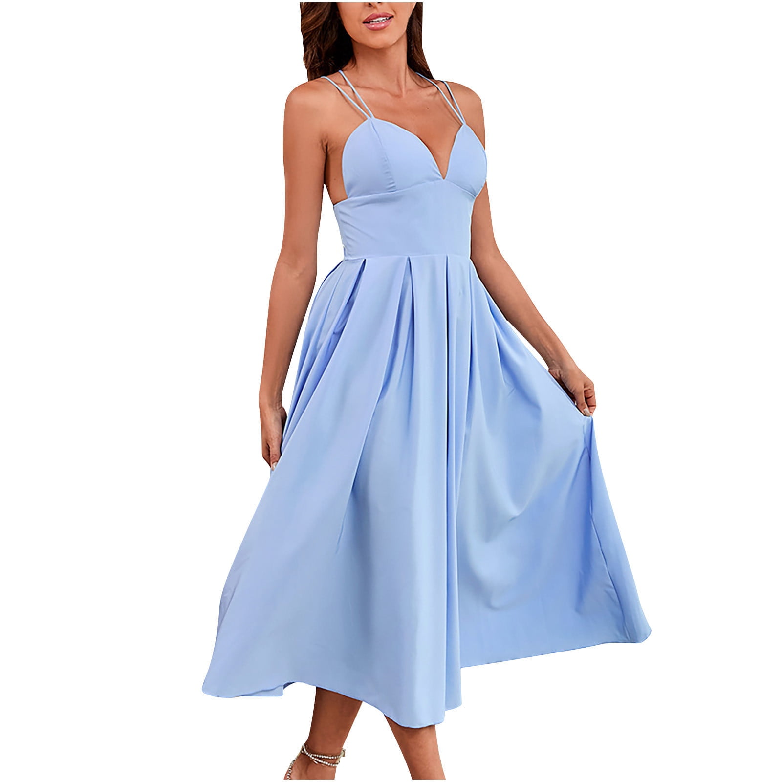 Women's Wrap V Neck Spaghetti Strap Summer Dress Solid Sleeveless Open Back  Formal Party Flare A Line Swing Midi Dress (X-Large, Blue) - Walmart.com