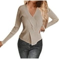 thumbnail image 1 of Women's Wrap V Neck Sweater Long Sleeve Ruched Ribbed Knit Top Slim Fit Fall Pullover Khaki S, 1 of 4