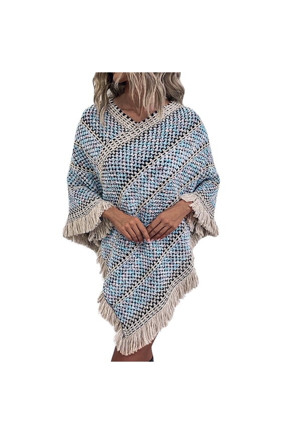 Women's Wraps Womens Autumn And Winter Contrast Stripe Ethnic Style Tassel Pullover Cape Shawl, Women's Accessories Wraps