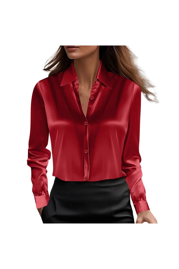 Women's Wrinkle-Free Satin Button Down Blouse - Classic Collar/Cowl Neck Dressy Casual Silk Top, Soft Smooth Business Casual Blouse