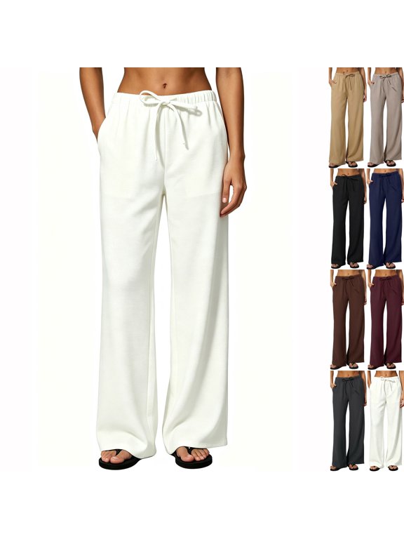 Women's Wrinkle-Free Wide Leg Palazzo Pants High Rise Flowy Drape Drawstring Elastic Waist Trousers with Pockets White XXL