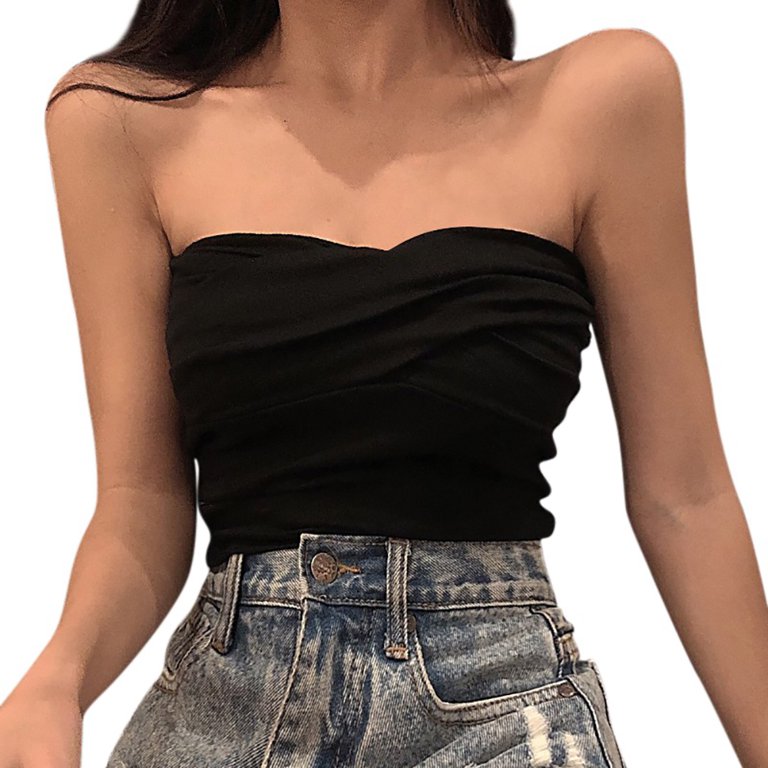 Women's Wrinkled Design Crop Top Strapless Bandeau Tube Sleeveless