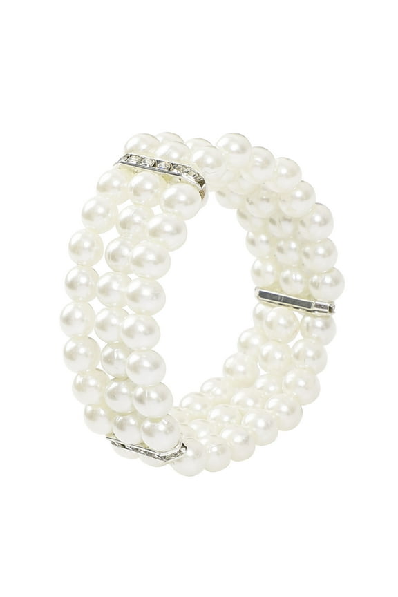 Women's Wrist Bracelet, 3 Rows Faux Pearl Rhinestones, Off White