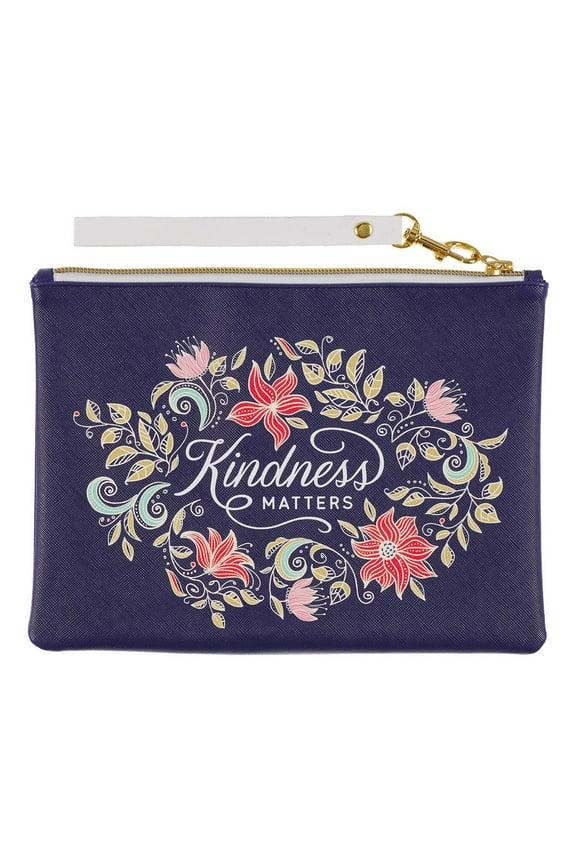 Women's Wristlet Clutch Zippered Pouch w/Wrist Strap Kindness Matters Floral Faux Leather, Blue, Slim Case Accessory for Cosmetics, Travel, Organization, 7.1" x 9.4", With Love