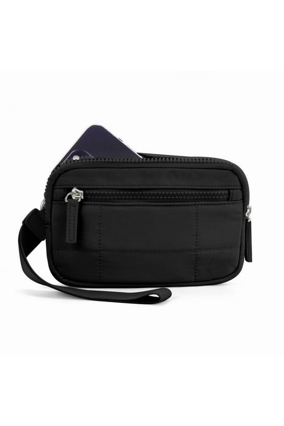 Women's Wristlet Wallet with 3 Zipper Compartments, Quilted Nylon Travel Card Holder with Detachable Strap, RFID Blocking Crossbody Phone Purse for Everyday Use