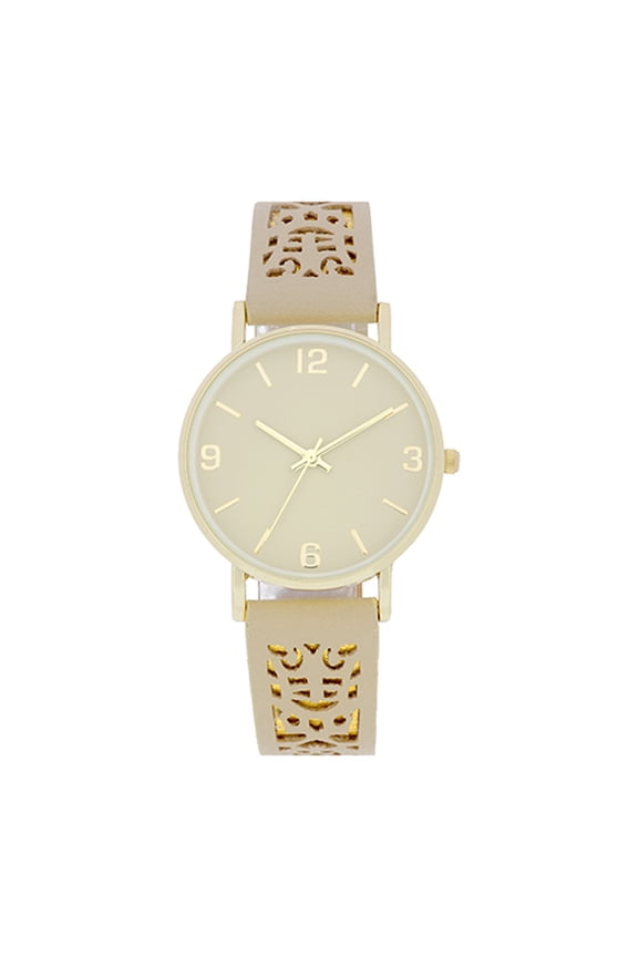 Women's Wristwatch by Accutime Watch Corp in Gold Dial with Tan Strap with Gold Underlay - 4004LWM