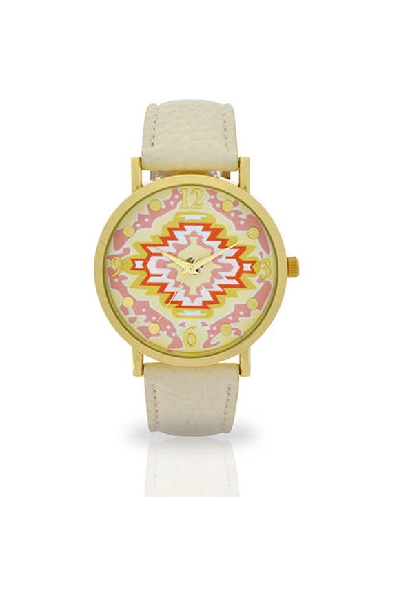Women's Wristwatch by Accutime Watch Corp with Aztec Dial in White Faux Leather Band - 10246WM
