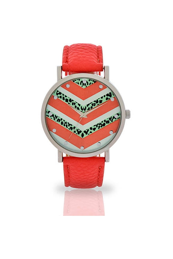 Women's Wristwatch by Accutime Watch Corp with Chevron Dial and Coral Faux Leather Band - 60217WM