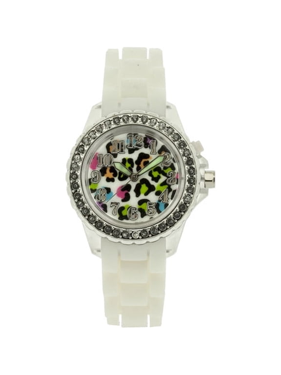 Women's Wristwatch by Accutime Watch Corp with Multi-Color Cheeta Flashing Dial and White Bumpy Rubber Strap - WM41660