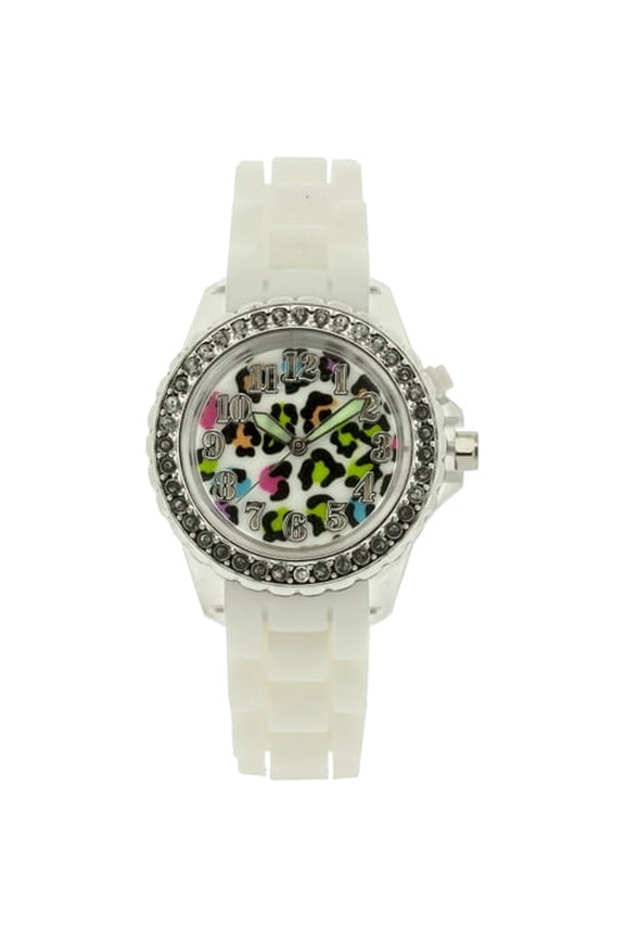 Women's Wristwatch by Accutime Watch Corp with Multi-Color Cheeta Flashing Dial and White Bumpy Rubber Strap - WM41660