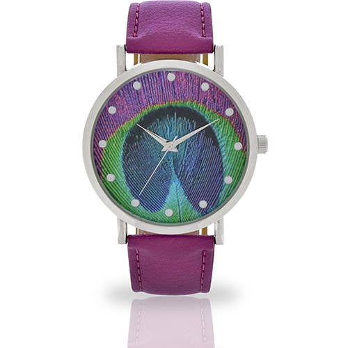 Women's Wristwatch by Accutime Watch with Peacock Feather Dial and Purple Faux Leather Band - 10250WM