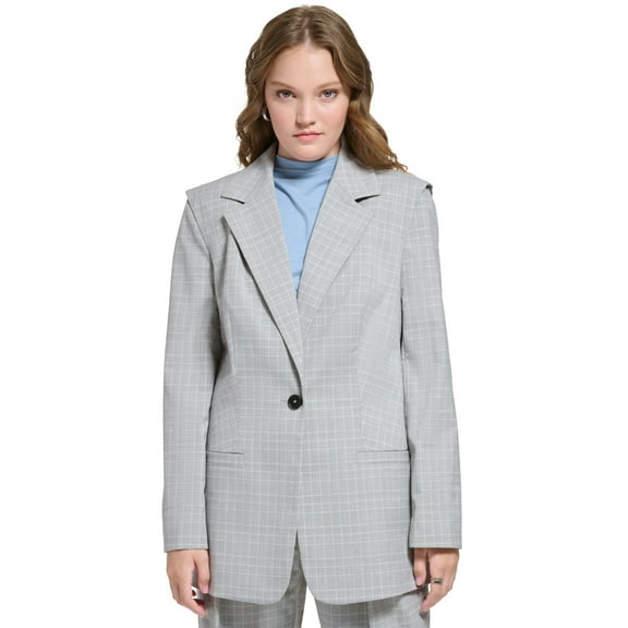 Women's X-Fit Oversized One Button Plaid Blazer Cream Multi 4