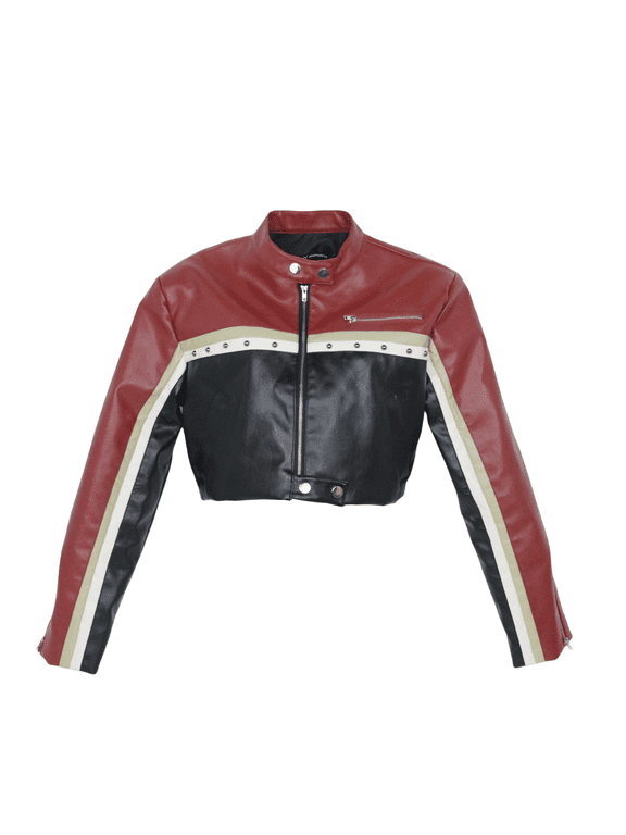 Women's XL PU Leather Racing Jacket Slim Fit Crop Motorcycle Biker Coat Streetwear