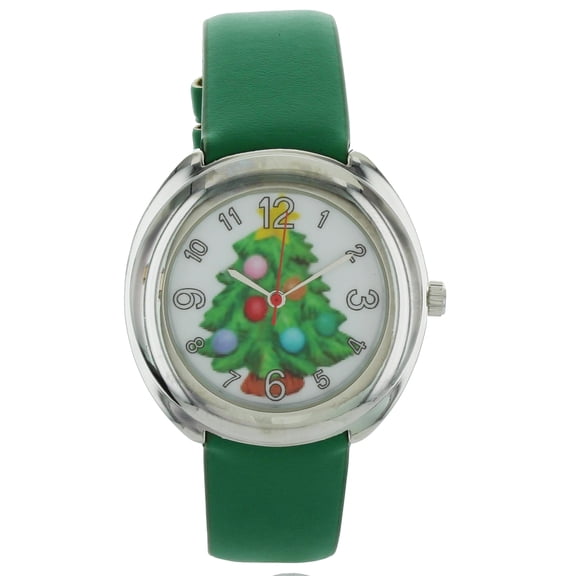 Women's Xmas green tree Holiday, White Dial with Christmas Tree, silver color case and green strap Watch - DTL126