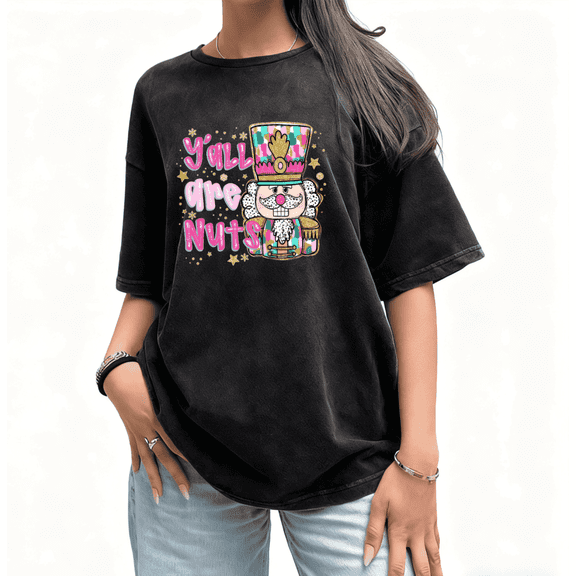 Women Washed Tee T-shirt Christmas Nutcracker Playful Vintage Soft Vibrant Comfortable Black S-2XL Plus Size Tops