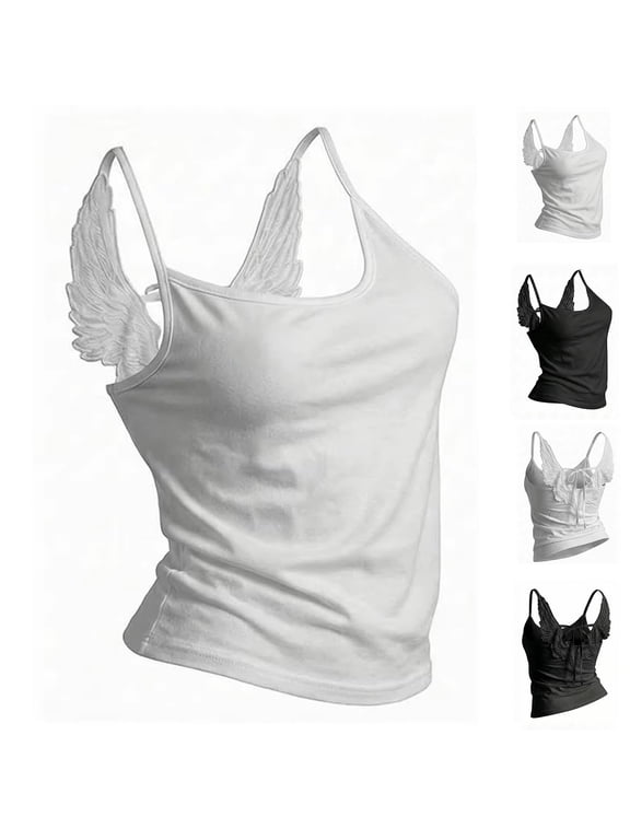 Women's Y2K Angel Wings Embroidery Tie Back Spaghetti Strap Cami Tank Top Black M