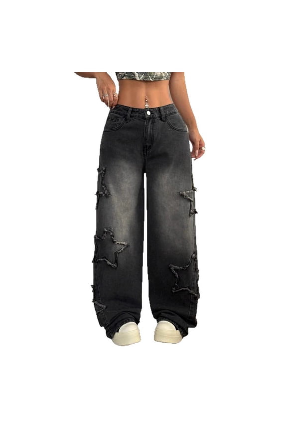 Womens Y2K Baggy Jeans Wide Leg Star Patch Distressed Denim Pants High Waist Loose Fit