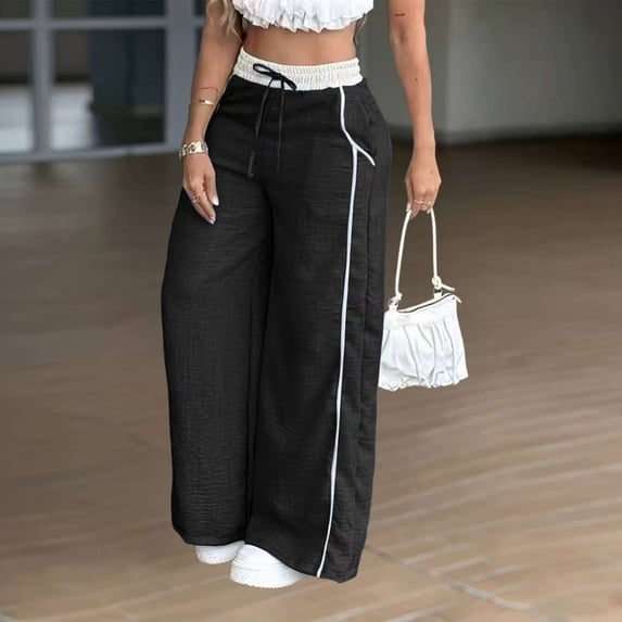 Women's Y2K Baggy Sweatpants Striped Wide Leg High Waisted Track Pants Casual Drawstring Jogger Pant with Pockets