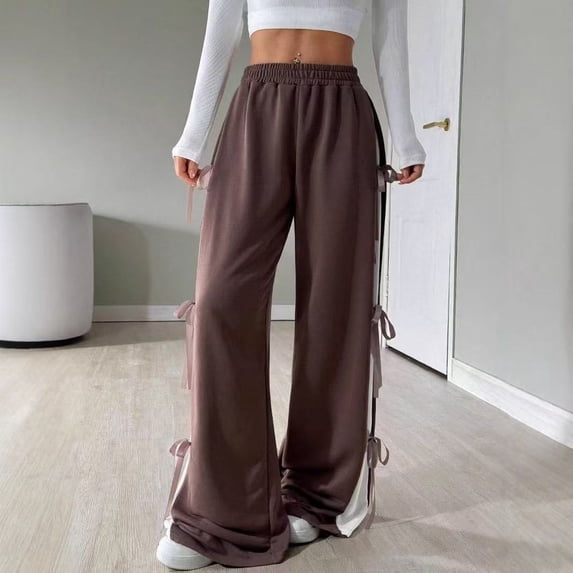 Women's Y2K Bow Knot Wide Leg Sweatpants Elastic High Waist Loose Casual Trousers Streetwear Baggy Pants Brown XL