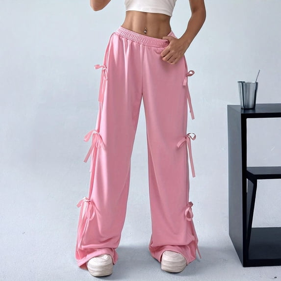 Women's Y2K Bow Knot Wide Leg Sweatpants Elastic High Waist Loose Casual Trousers Streetwear Baggy Pants Pink M