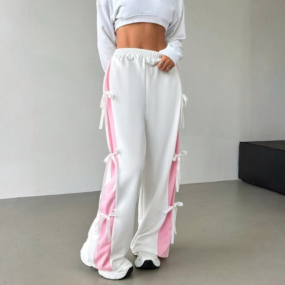 Women's Y2K Bow Knot Wide Leg Sweatpants Elastic High Waist Loose Casual Trousers Streetwear Baggy Pants White S