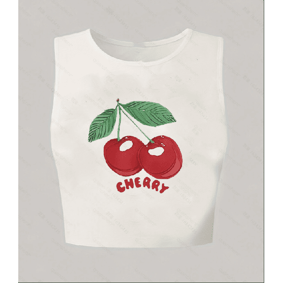 Women's Y2K Cherry Print Crop Tank Top Crew Neck Fitted Sleeveless Knit Vest Cute Summer Cami