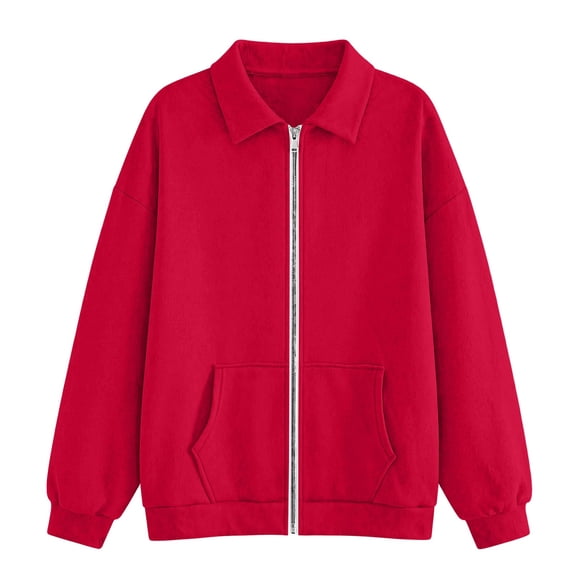 Women's Y2K Collared Zip Up Jacket Loose Fit Long Sleeve Drop Shoulder Solid Color Soft Cozy Lightweight Casual Athletic Sweatshirt with Pockets for Daily Fall Winter Wear Red 2XL