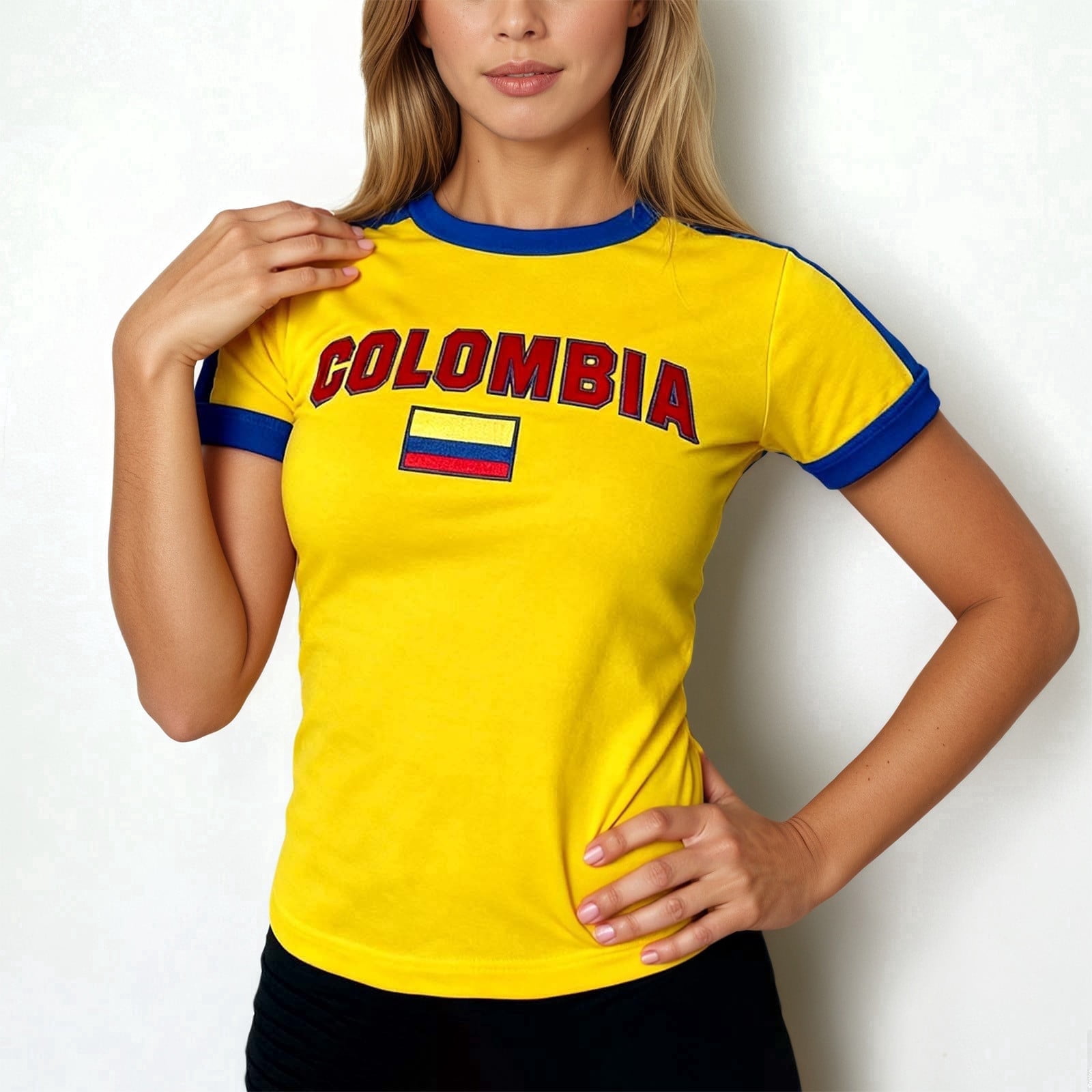 Women's Y2K Colombia Crop T Shirts Short Sleeve Crew Neck Tops Colombian Print Tees for Football Race and Streetwear