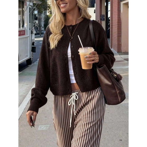 Women's Comfortable Solid Round Neck Loose Drop Shoulder Cardigan Sweater Top, Autumn Fashion Casual Outfit Fall