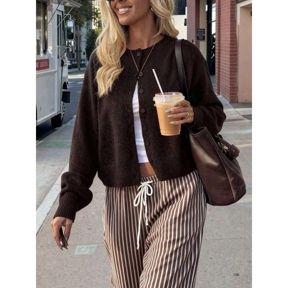 Women's Comfortable Solid Round Neck Loose Drop Shoulder Cardigan Sweater Top, Autumn Fashion Casual Outfit Fall