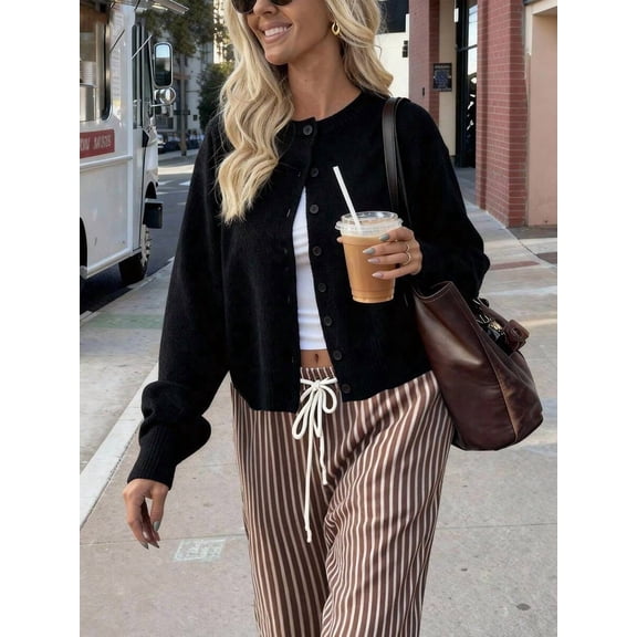 Women's Y2K Comfortable Solid Round Neck Loose Drop Shoulder Cardigan Sweater Top, Autumn Fashion Casual Outfit Fall
