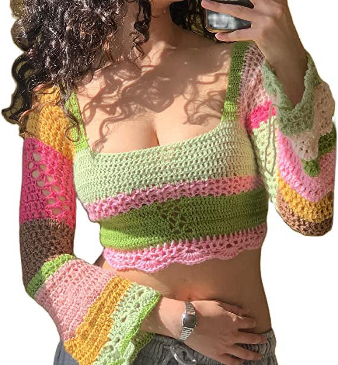 Women s Y2K Crochet Crop Top See Through Hollow Out Sweater
