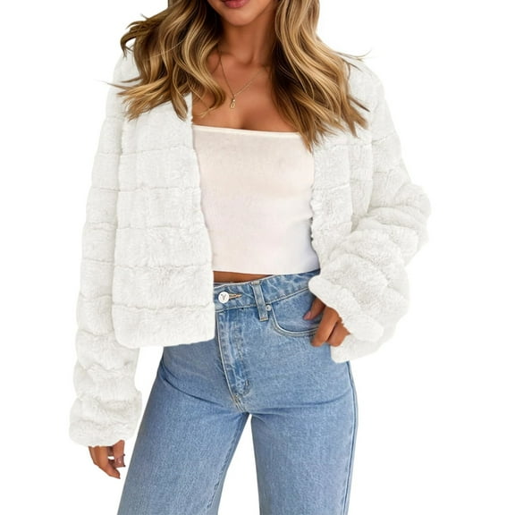 Women's Y2K Cropped Faux Fur Coat - Fluffy Open Front Jacket Long Sleeve Winter Streetwear