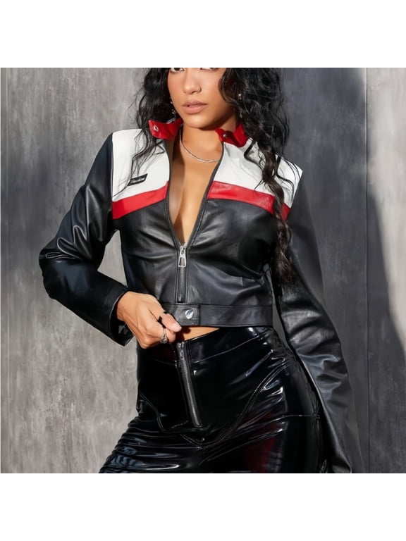 Women's Y2K Cropped Leather Jacket Size XL - Red White Black Color Block Biker Jacket PU Faux Leather Zip Up Motorcycle Coat for Spicy Girl Streetwear