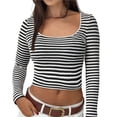 thumbnail image 1 of Women's Y2K Cropped Slim Fit U-Neck Long Sleeve Knit T-Shirt, Two Tone Striped Design Stretchy Comfortable Top for Casual Wear, Daily Outfits and Retro Fashion Style Black L, 1 of 7