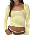 thumbnail image 1 of Women's Y2K Cropped Slim Fit U-Neck Long Sleeve Knit T-Shirt, Two Tone Striped Design Stretchy Comfortable Top for Casual Wear, Daily Outfits and Retro Fashion Style Yellow XL, 1 of 6