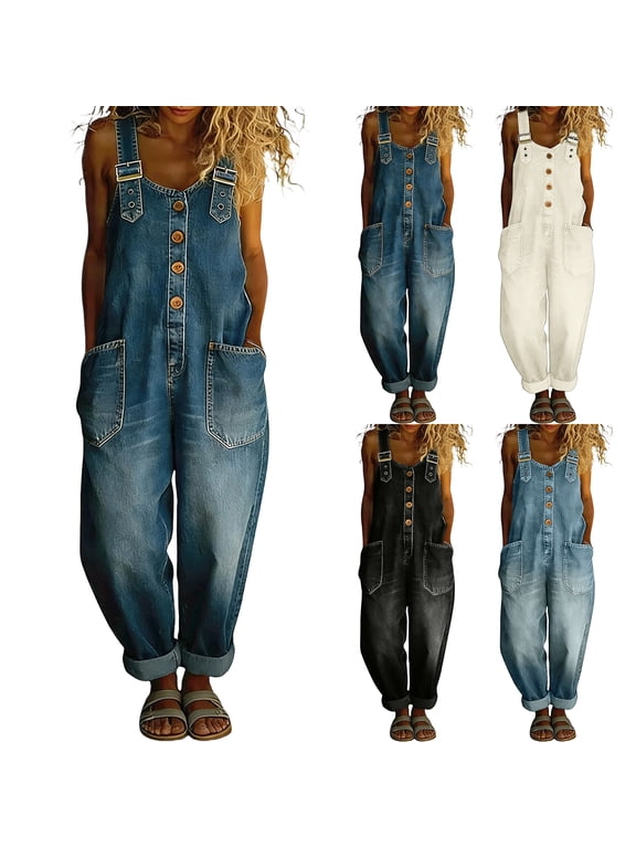 Women's Y2K Denim Bib Overall Pants Button Front Wide Leg Jean Jumpsuits Vintage Loose Romper Blue 3XL