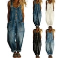 thumbnail image 1 of Women's Y2K Denim Bib Overall Pants Button Front Wide Leg Jean Jumpsuits Vintage Loose Romper Light Blue 3XL, 1 of 7