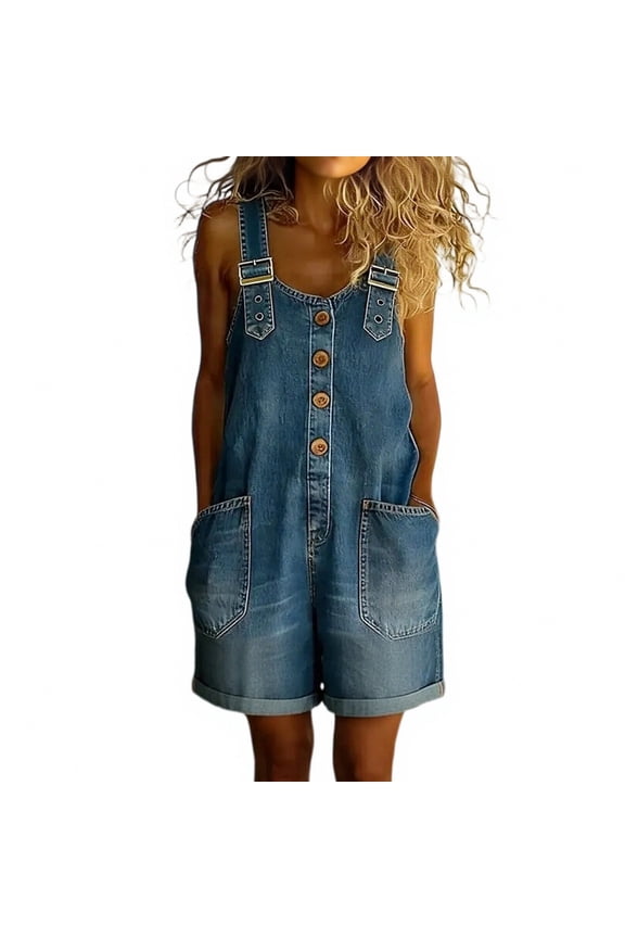 Women's Y2K Denim Shortalls Button Front Wide Leg Loose Jean Shorts Romper Jumpsuits L