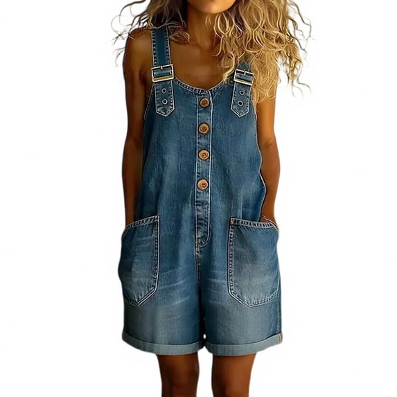 Women's Y2K Denim Shortalls Button Front Wide Leg Loose Jean Shorts Romper Jumpsuits XL