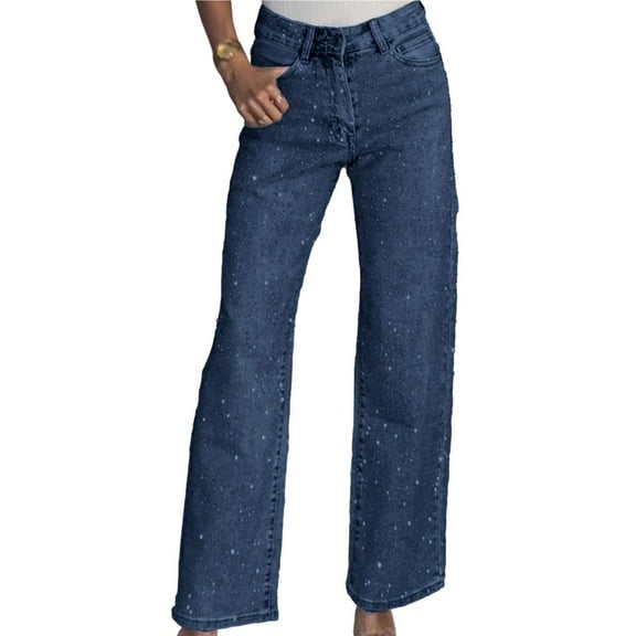 Women's Y2K Diamond Rhinestone Jeans High Waist Straight Wide Leg Stretchy Bling Denim Pants