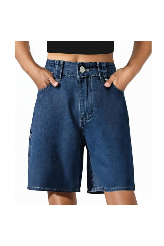 Women's Y2K Distressed Denim Shorts Mid Rise Baggy Wide Leg Bermuda Shorts Pocketed Summer Jorts